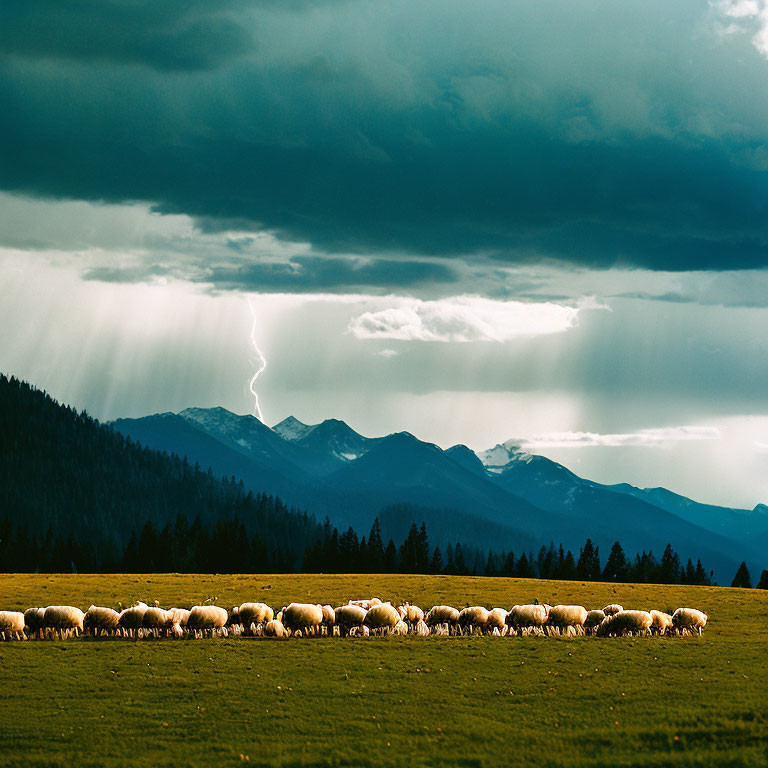 Herd of sheep grazing with lightning in dramatic mountain landscape