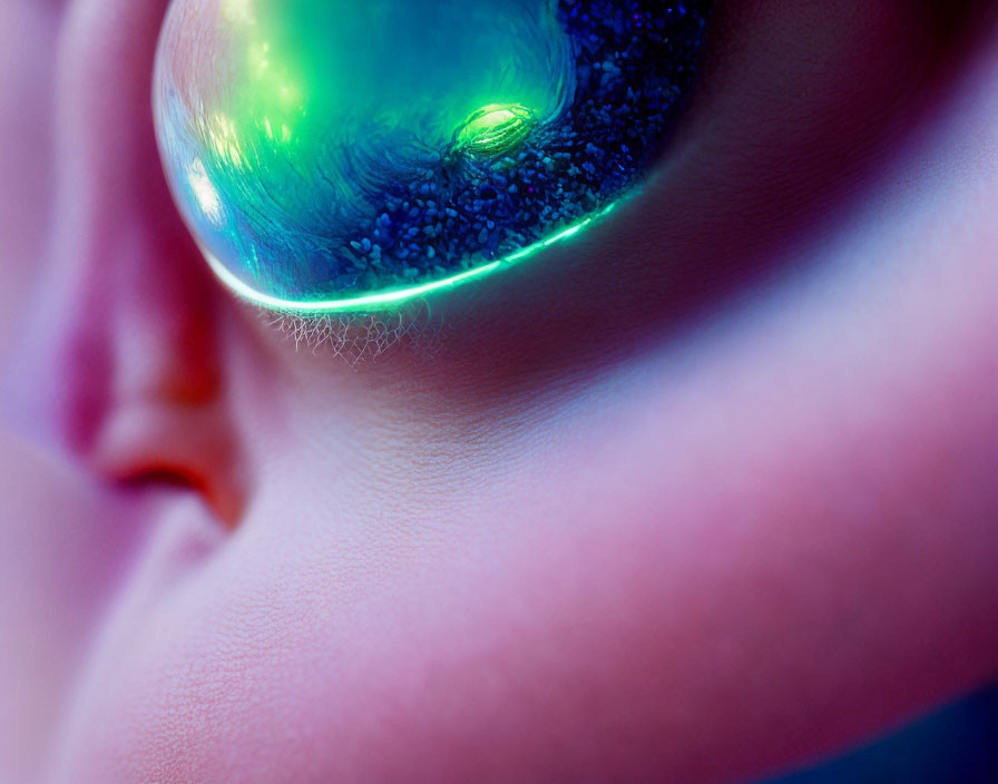 Detailed close-up of vibrant green-blue eye with reflection and color gradient