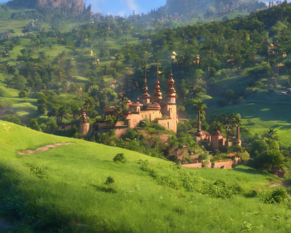 Majestic castle in green hills under morning light