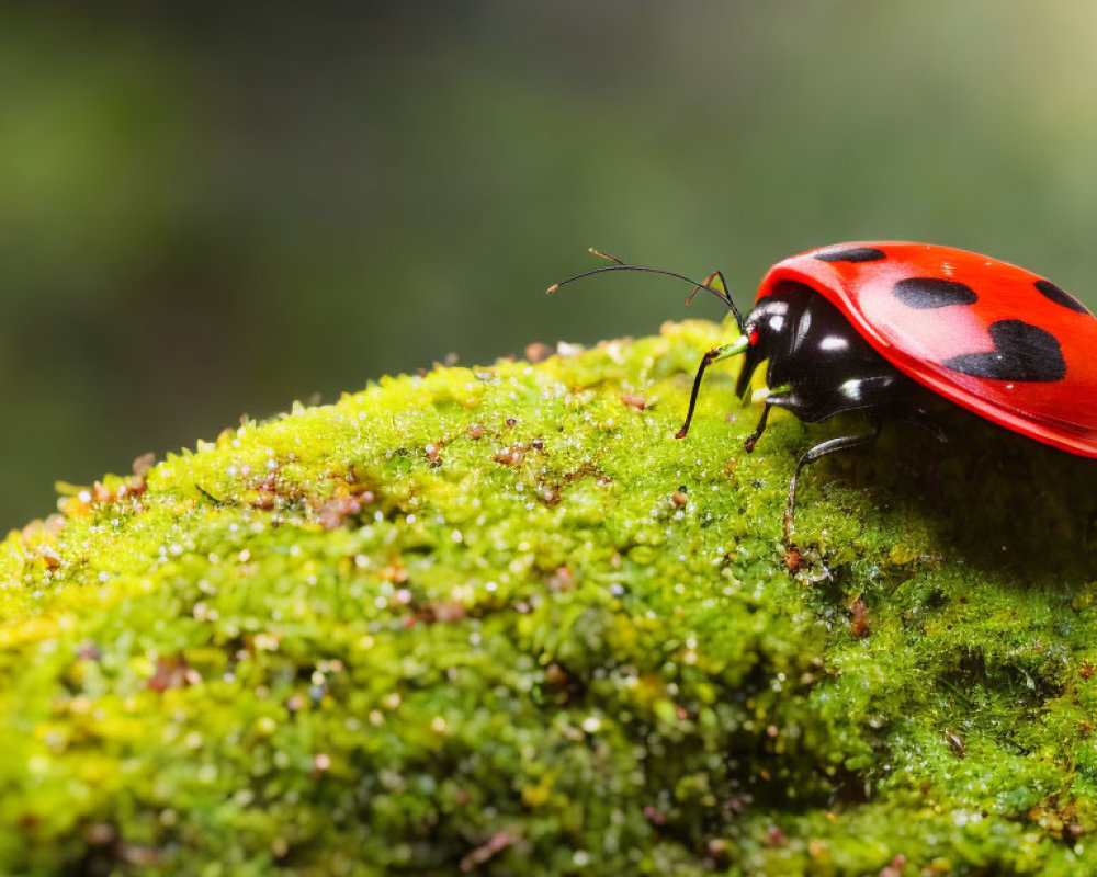 Red ladybug with black spots on green mossy surface