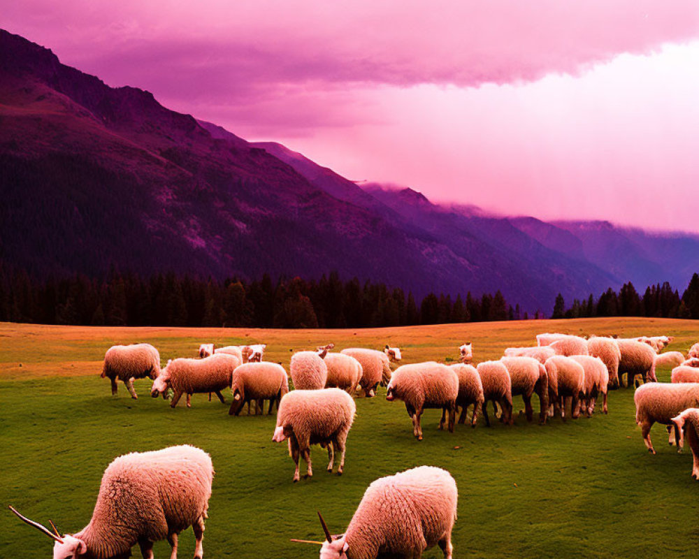 Sheep grazing on lush green field under purple skies