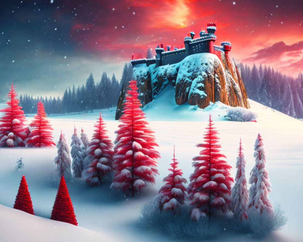 Snowy hill fairytale castle under starry sky with red and white trees