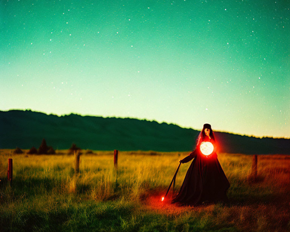 Mysterious figure with bright light in starry field at dusk