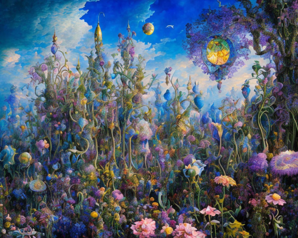 Fantastical landscape with lush vegetation and celestial bodies under blue sky