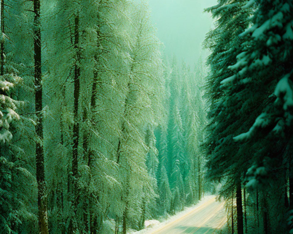 Snowy Road Flanked by Tall Coniferous Trees and Sunlight Filtering Through Branches