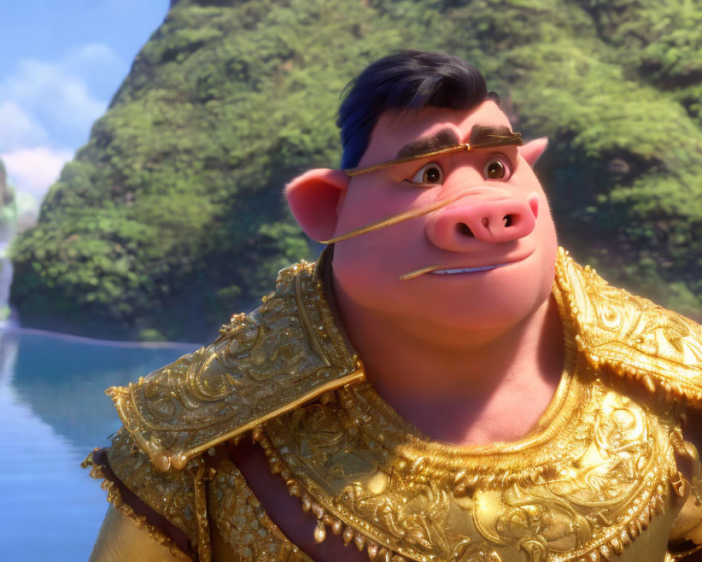 Animated Pig Character in Golden Armor on Tropical Island