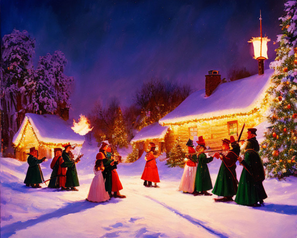 Victorian carolers in snowy winter night scene