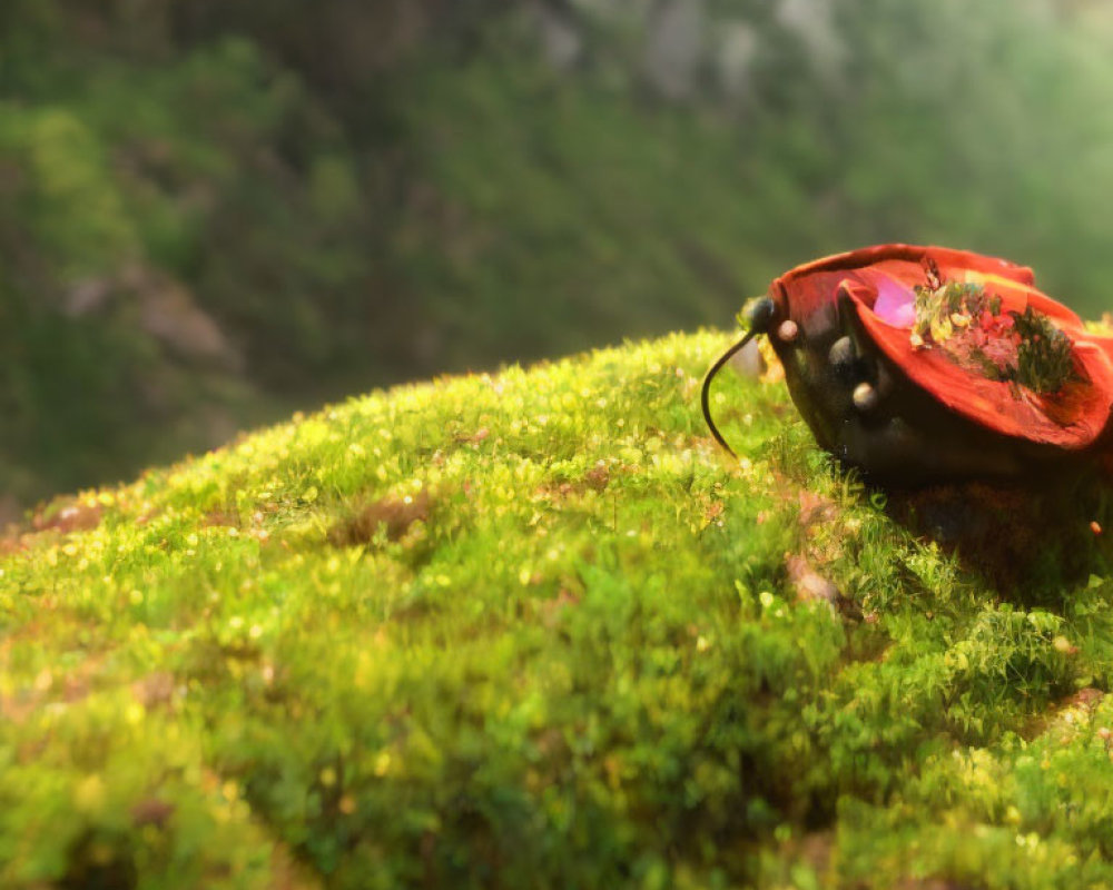 Red Backpack on Green Moss with Foggy Mountain Background