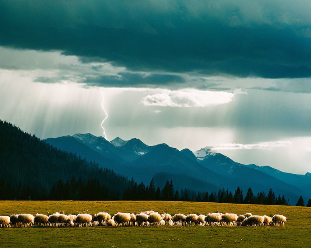 Herd of sheep grazing with lightning in dramatic mountain landscape