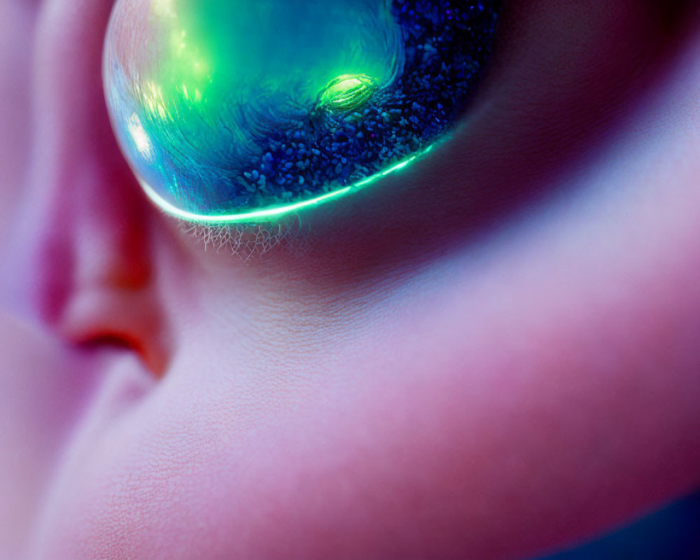 Detailed close-up of vibrant green-blue eye with reflection and color gradient
