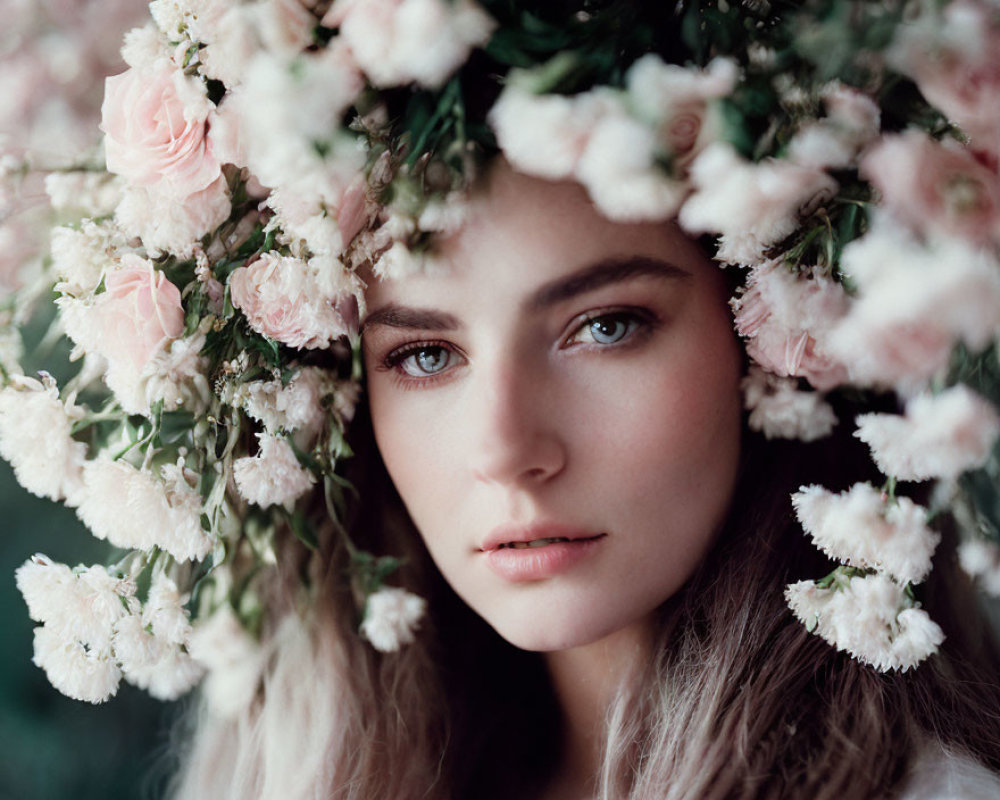 Portrait of a person wearing pink rose floral wreath, looking at the camera with serene expression.