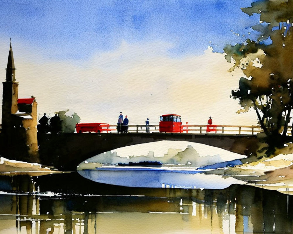 Scenic watercolor painting of bridge, people, red bus, and buildings under blue sky