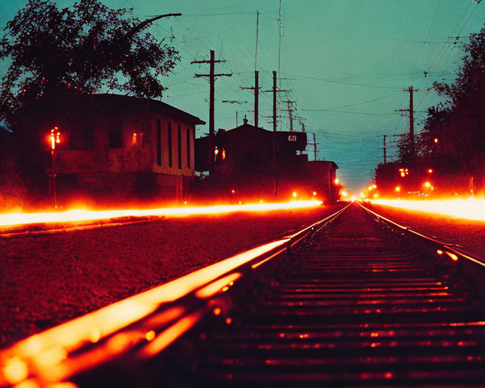 Twilight railroad tracks with red light trails, buildings, and dusky sky