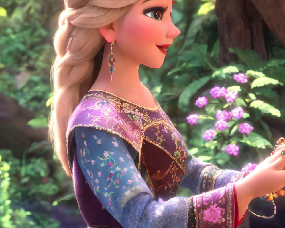 Animated princess with braided hair, crown, and jeweled dress in sunlit forest