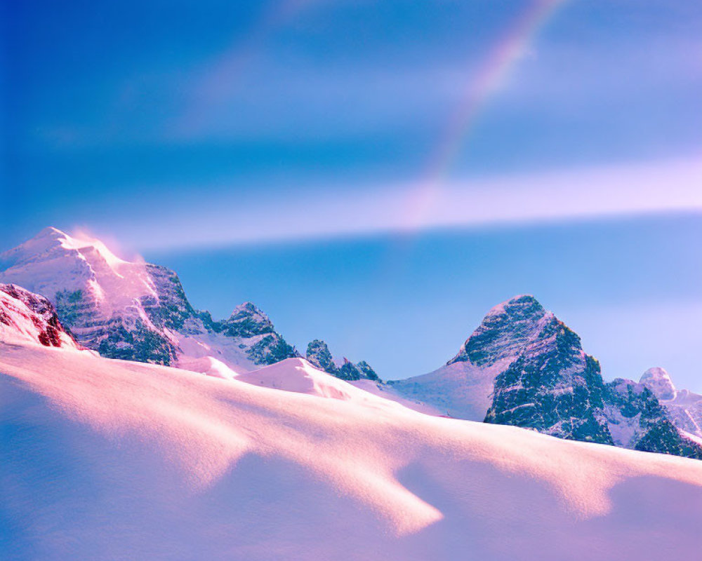 Majestic snow-covered mountain peaks under a blue sky with a faint rainbow.