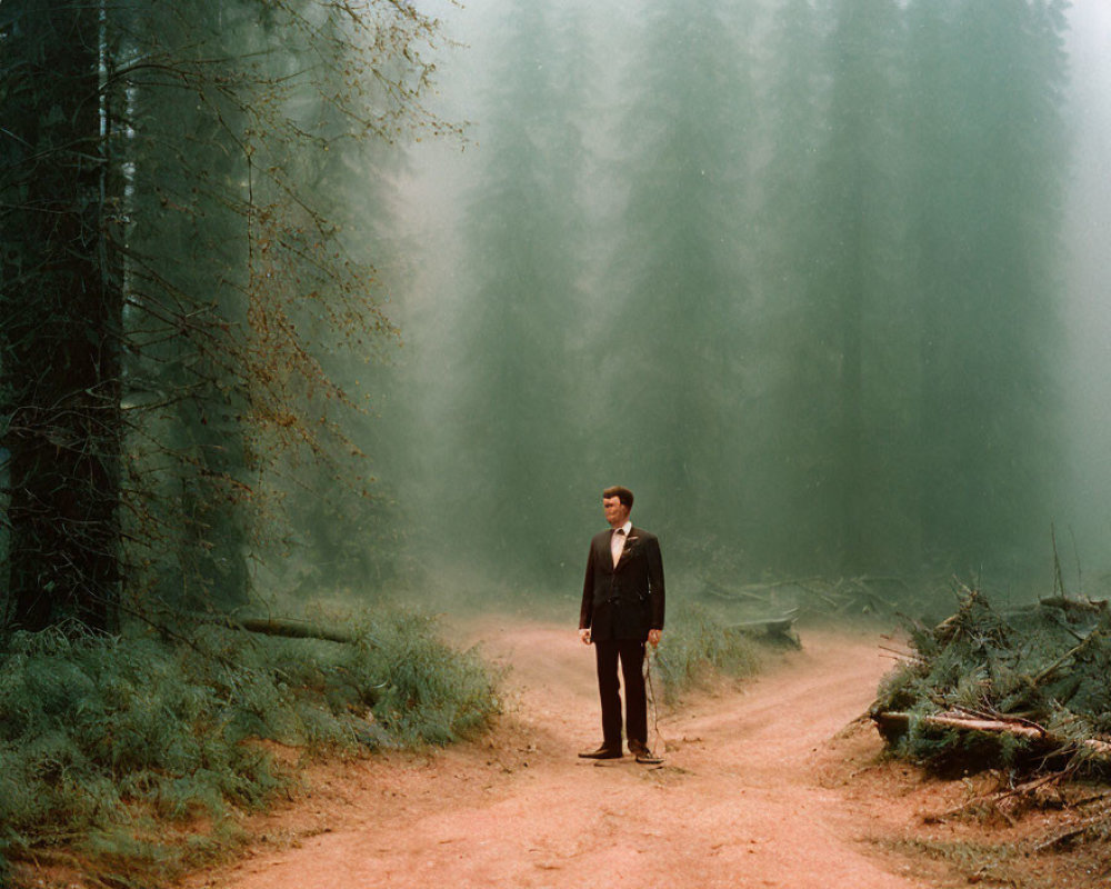 Man in Dark Suit Stands in Foggy Forest Clearing