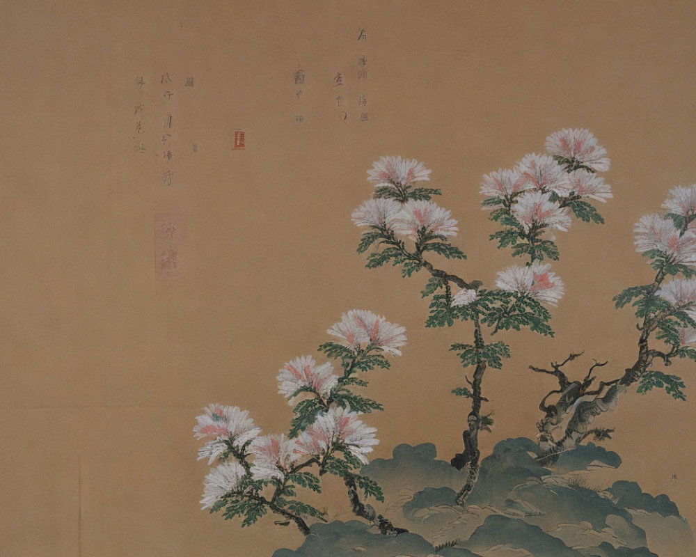 Asian painting of pink and white flowers with calligraphy and red seals on beige background