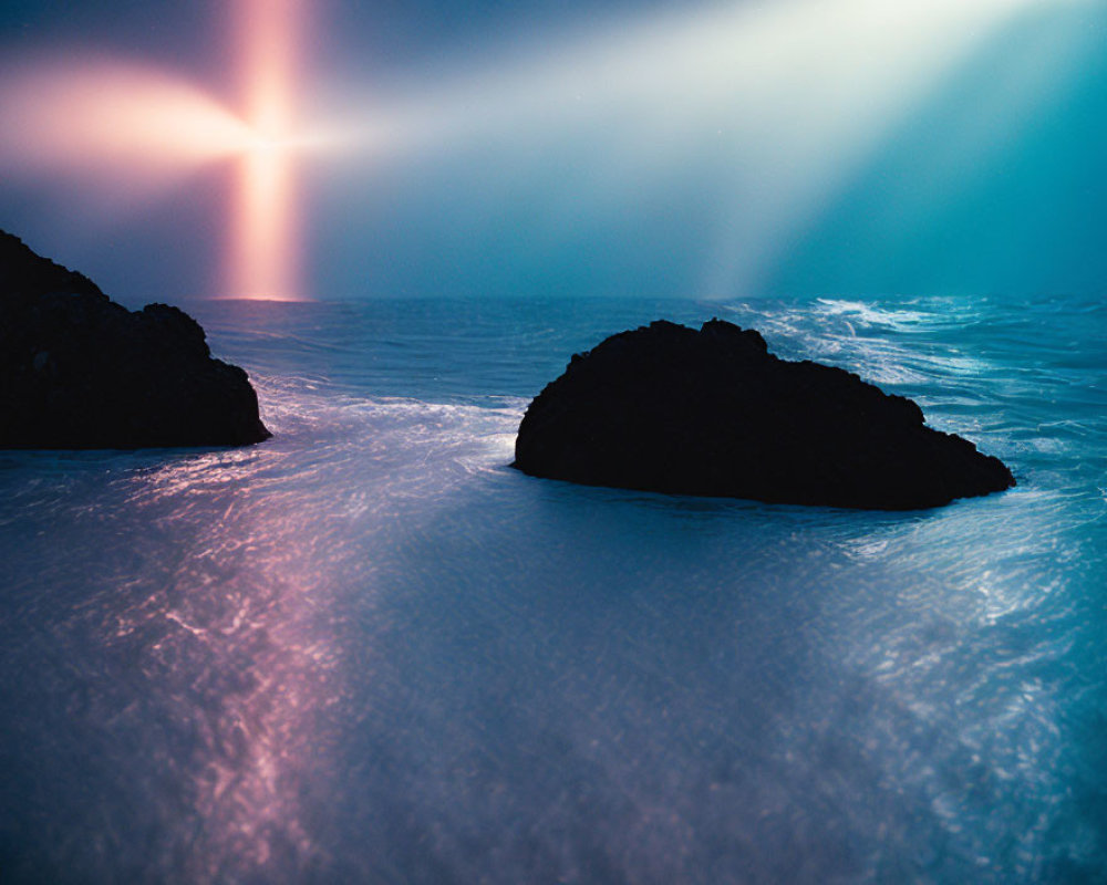 Dark Rocks in Shimmering Blue Waters at Serene Nightscape