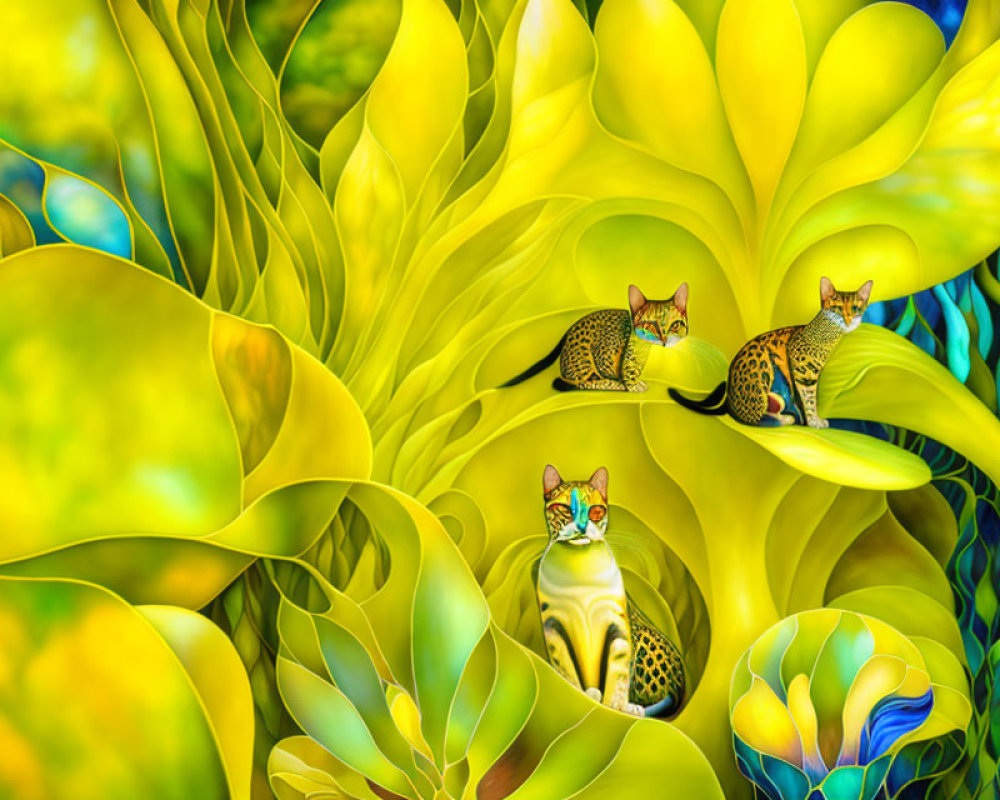 Colorful digital artwork: Three patterned cats in surreal forest.