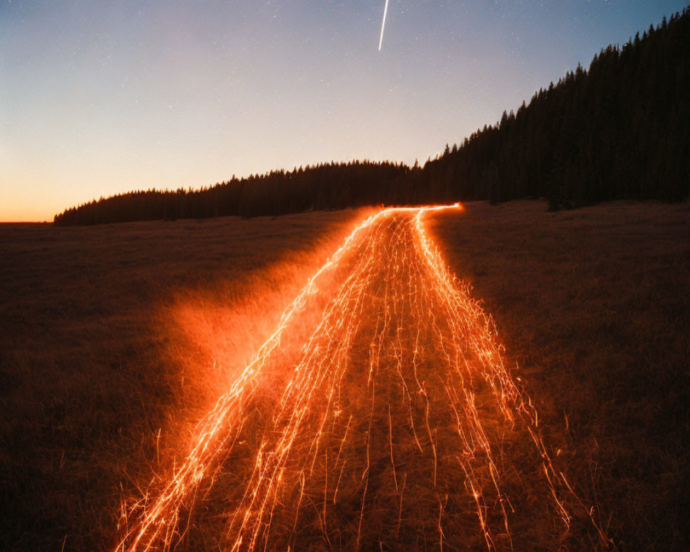 Long-exposure photograph of rural path at dusk with star-studded sky and meteor streak.