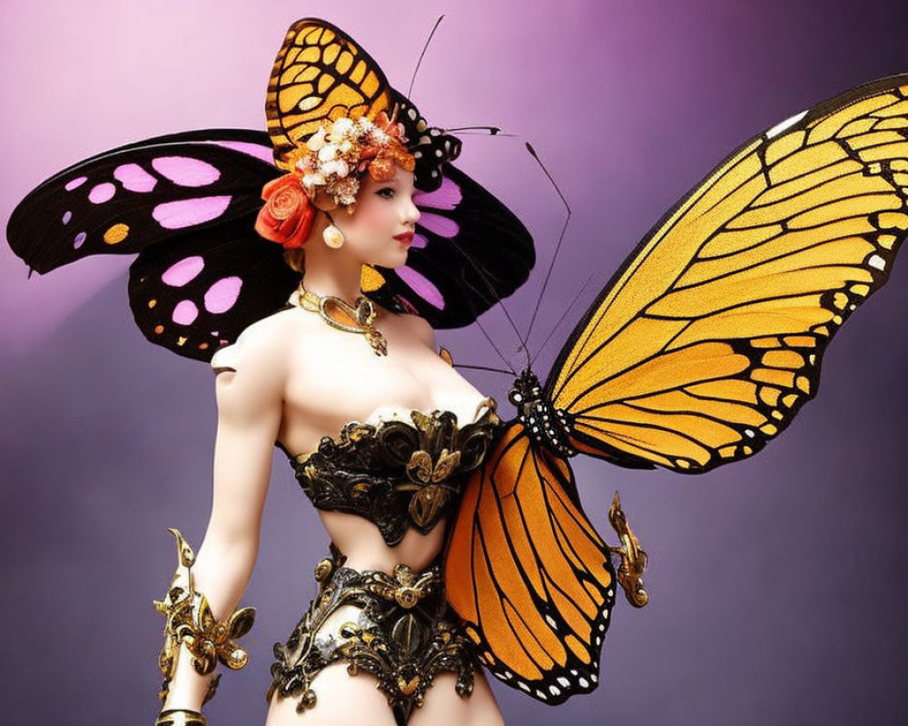 Elaborate Butterfly Costume with Vibrant Wings on Purple Background