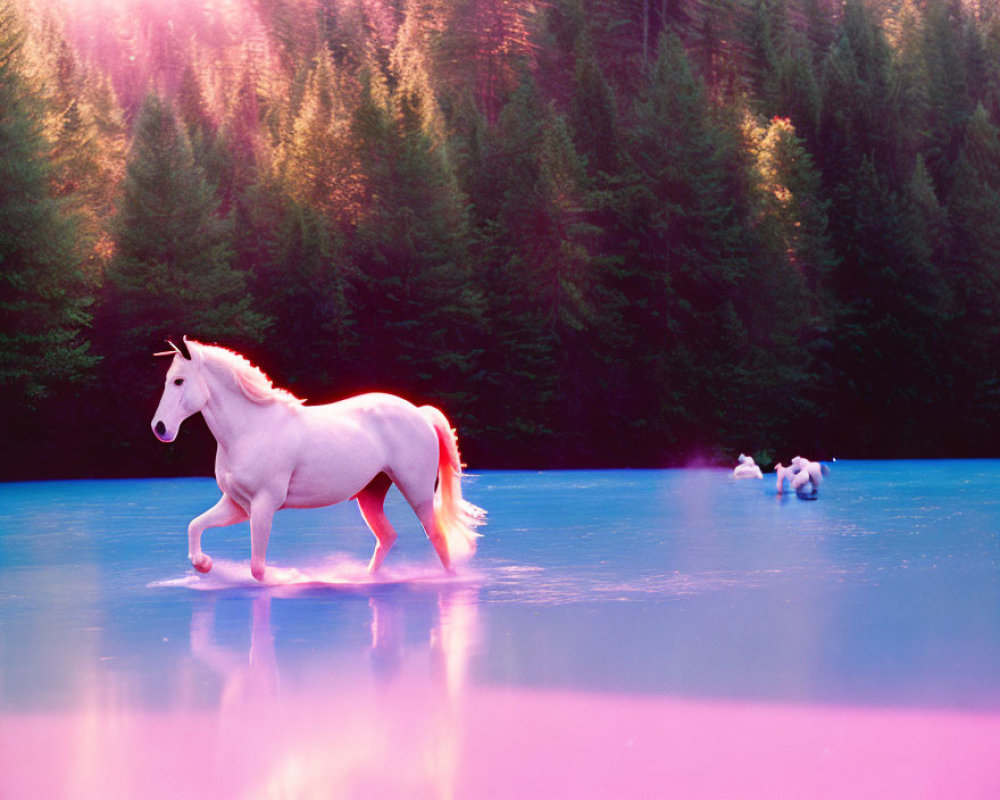 White unicorn galloping in surreal pink landscape with shiny blue ground