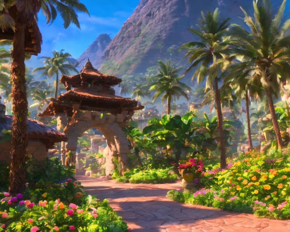 Lush Tropical Garden Pathway with Stone Archway and Mountain View