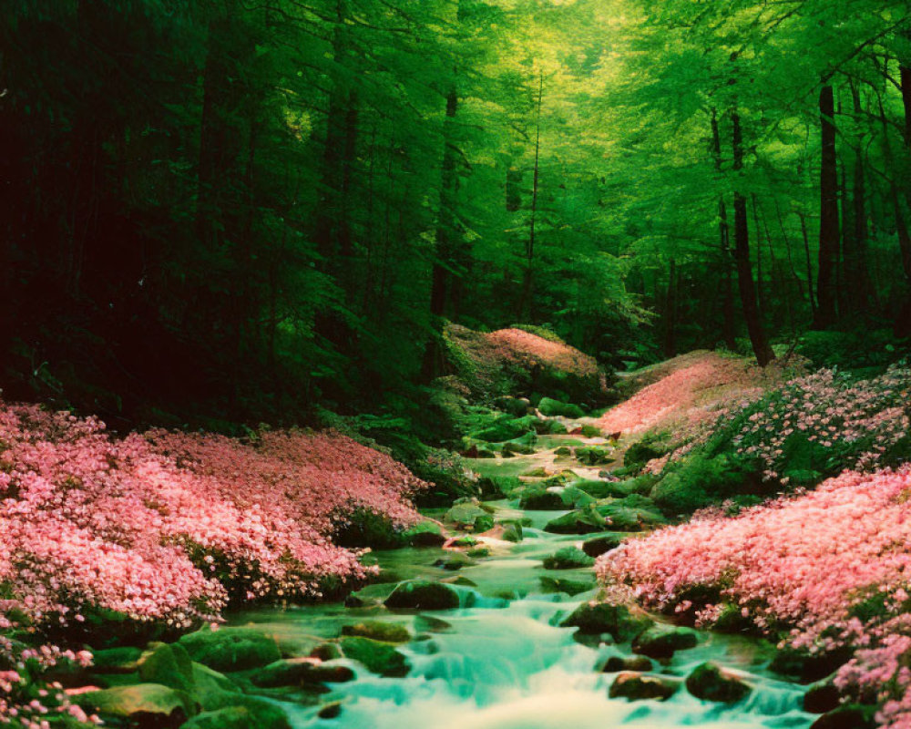 Tranquil forest stream with pink petals and green trees