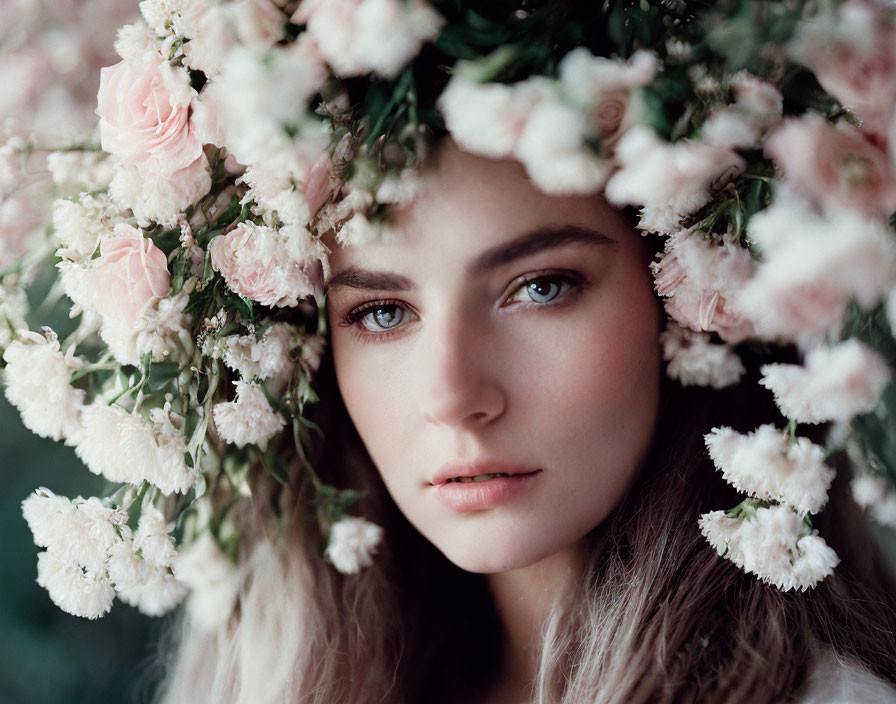 Portrait of a person wearing pink rose floral wreath, looking at the camera with serene expression.