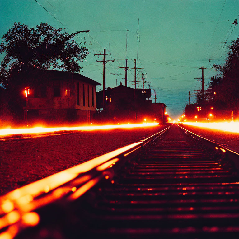 Twilight railroad tracks with red light trails, buildings, and dusky sky