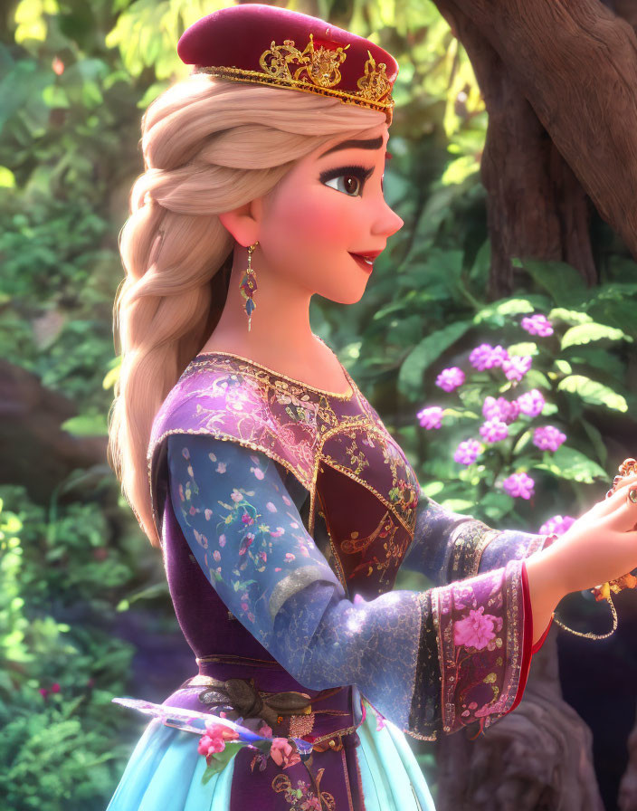 Animated princess with braided hair, crown, and jeweled dress in sunlit forest