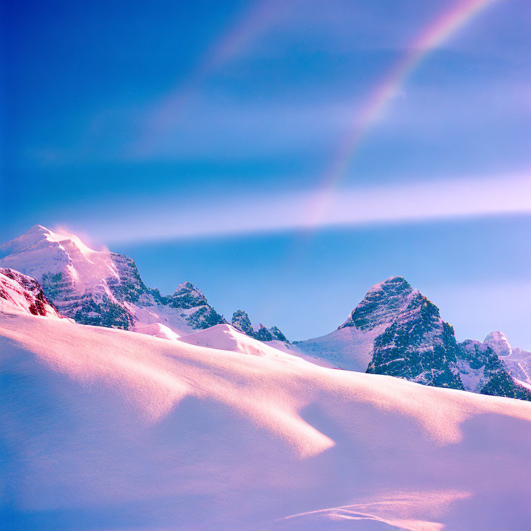 Majestic snow-covered mountain peaks under a blue sky with a faint rainbow.