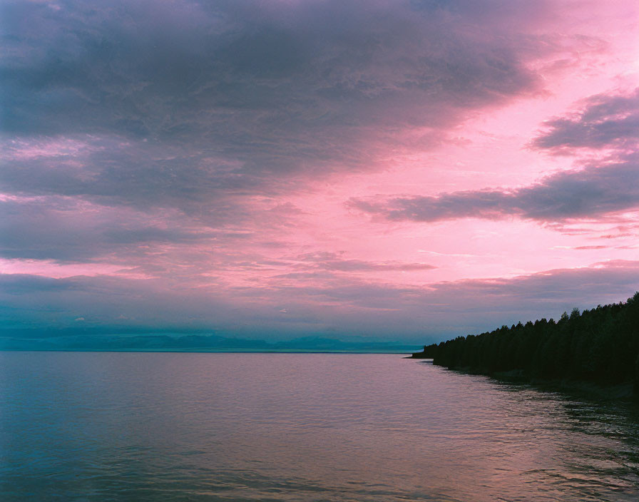 Tranquil lakeside scene at dusk with pink and purple sky and dark treeline