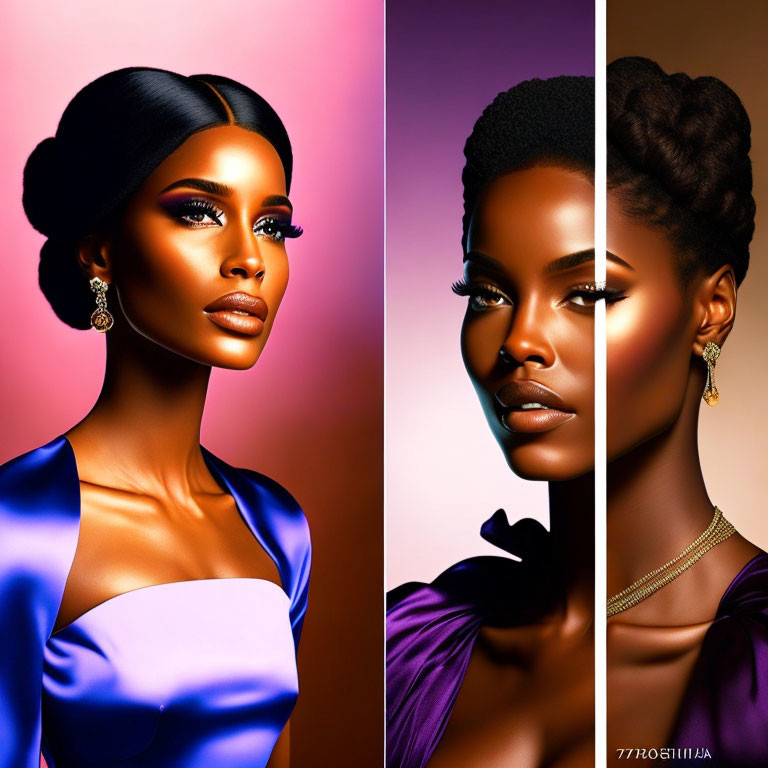 Two portraits of a woman with elegant makeup and hairstyles in contrasting fashion looks.