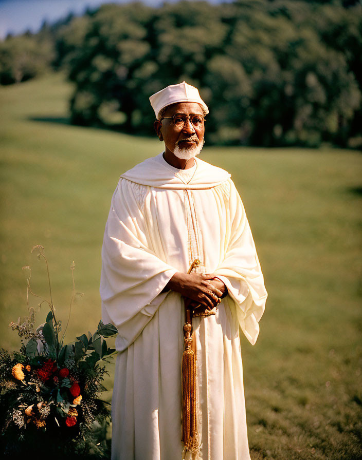 Elderly Man in Traditional Attire Standing in Grassy Field Holding Beaded Object