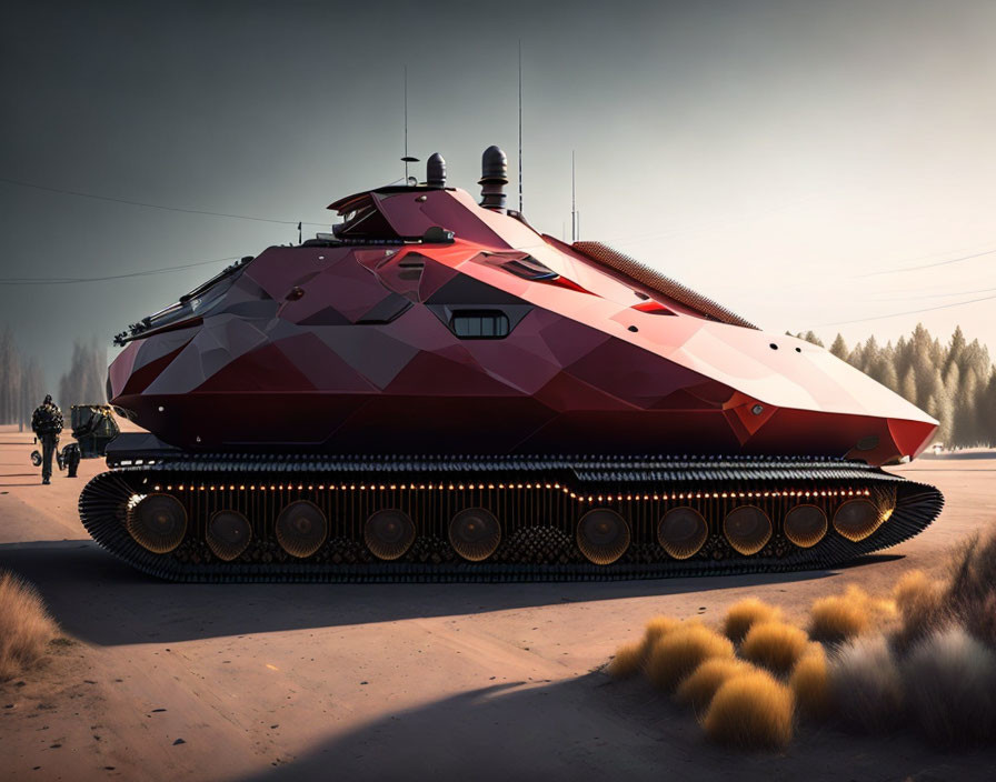 Red and Black Camouflaged Tank Parked Near Forest with Soldiers and Vehicle