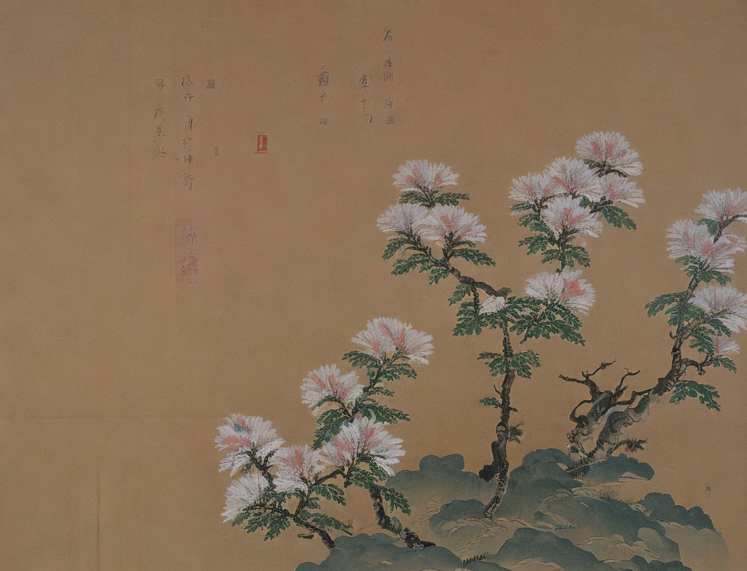 Asian painting of pink and white flowers with calligraphy and red seals on beige background