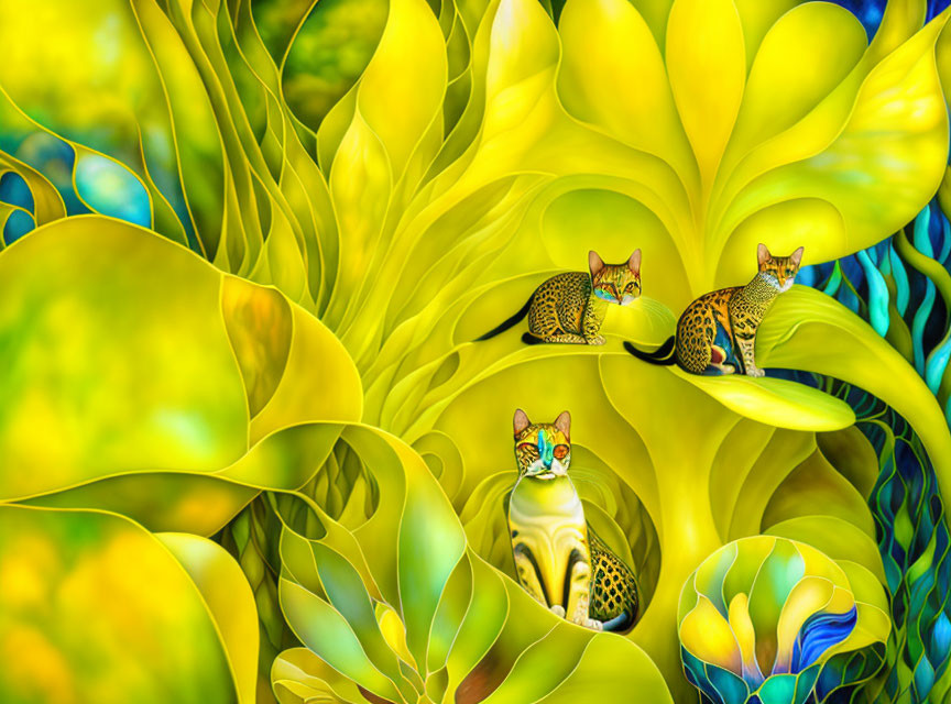 Colorful digital artwork: Three patterned cats in surreal forest.