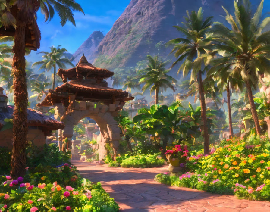 Lush Tropical Garden Pathway with Stone Archway and Mountain View