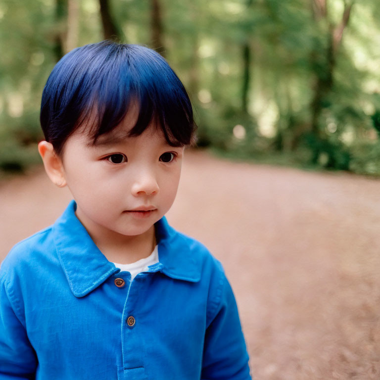 Child with Blue Hair and Shirt Standing Outdoors Among Green Trees