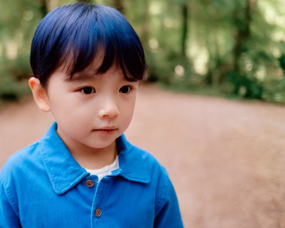 Child with Blue Hair and Shirt Standing Outdoors Among Green Trees