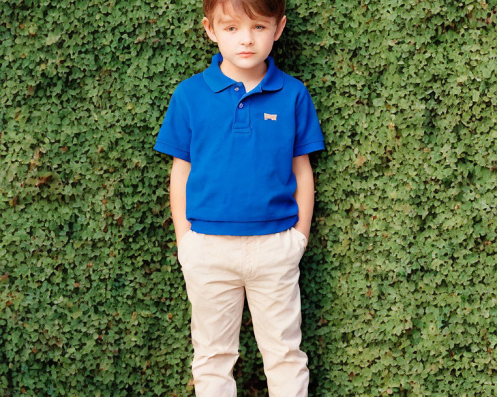 Child in Blue Polo Shirt and Khaki Pants Standing by Green Hedge