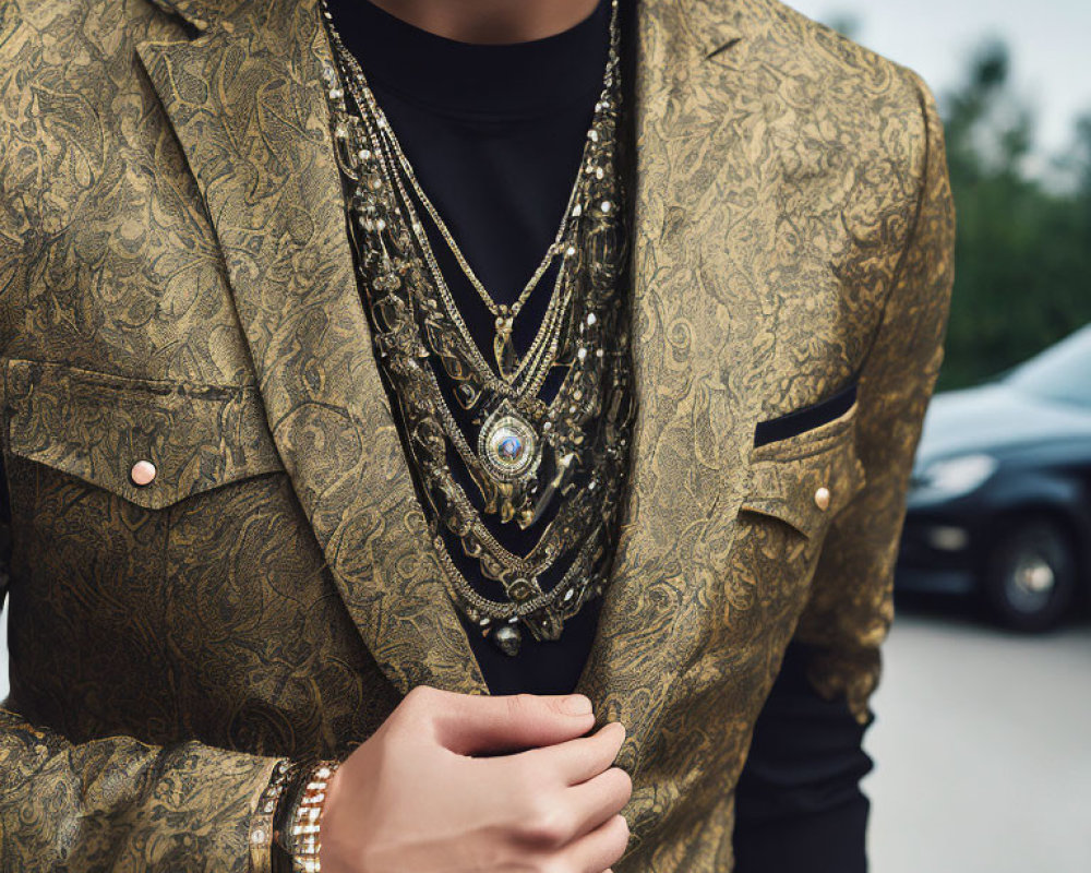 Detailed Golden Patterned Suit Jacket with Opulent Jewelry Pieces