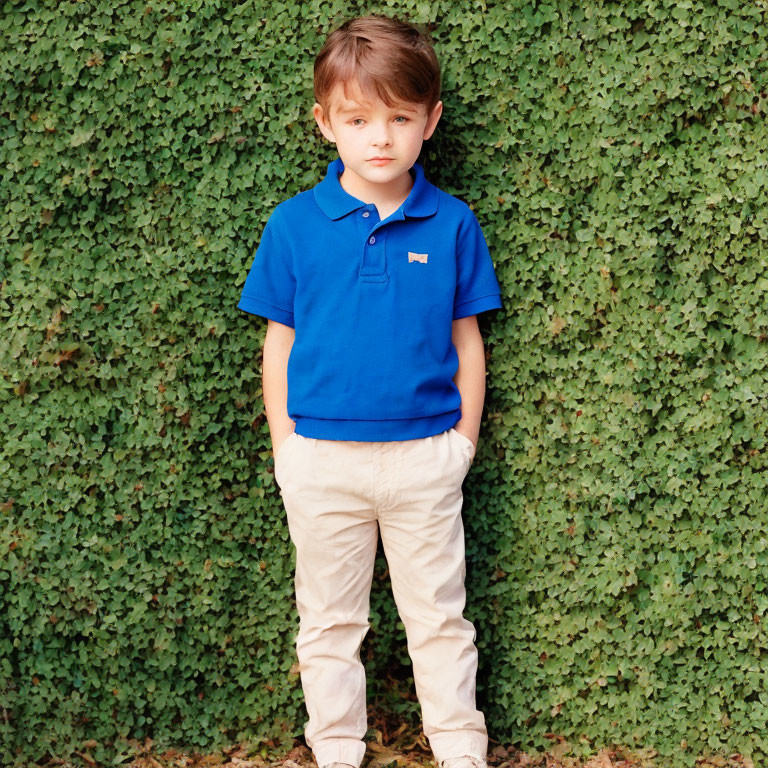 Child in Blue Polo Shirt and Khaki Pants Standing by Green Hedge