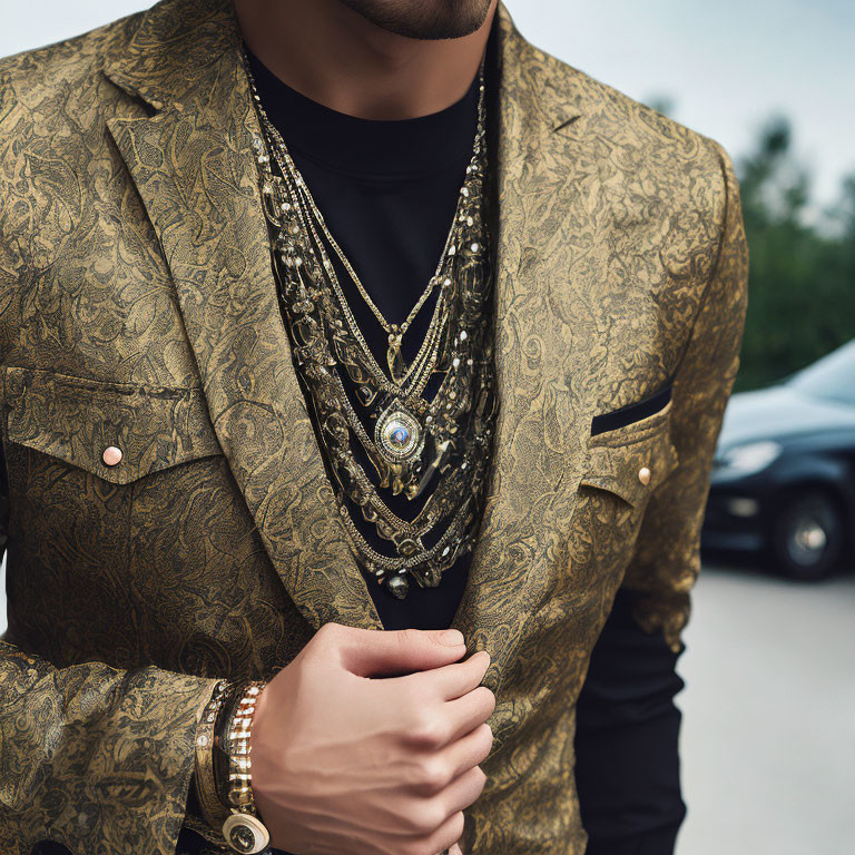 Detailed Golden Patterned Suit Jacket with Opulent Jewelry Pieces