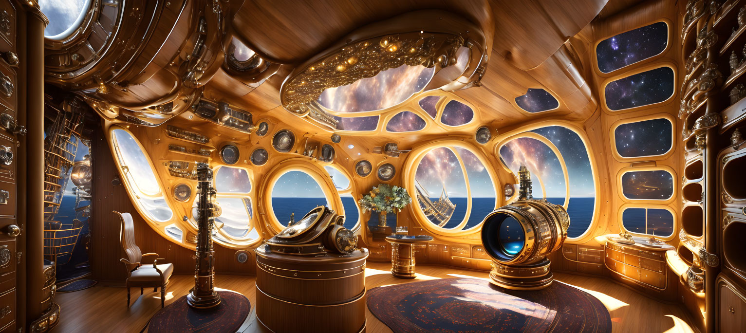 Luxurious Wood-Paneled Spaceship Interior with Porthole Windows