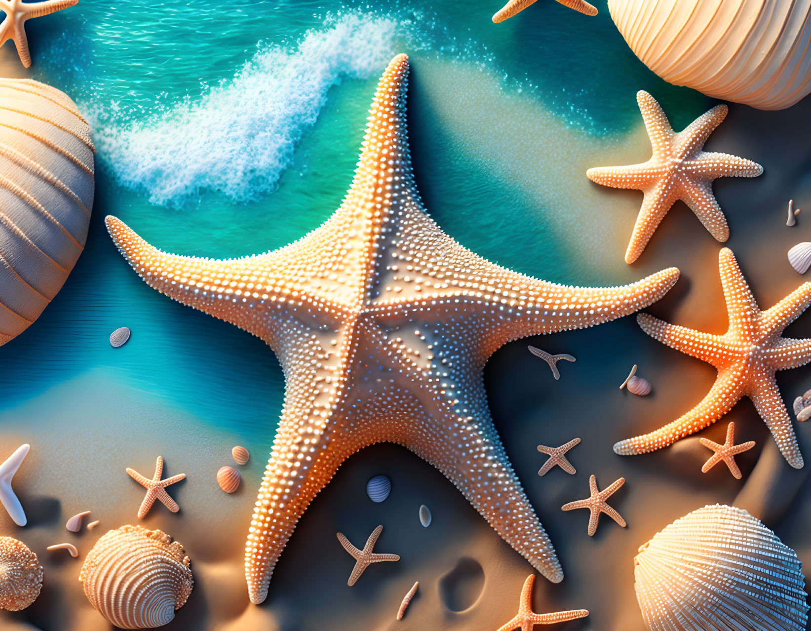 Detailed image: Starfish, shells, and sand with approaching wave.