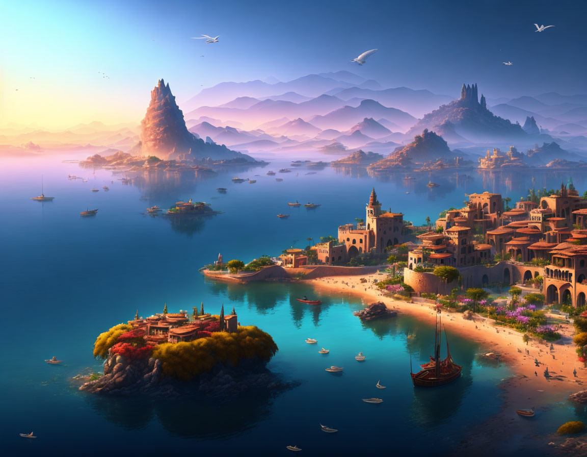 Scenic coastal city at sunset with boats, mountains, and distant castle