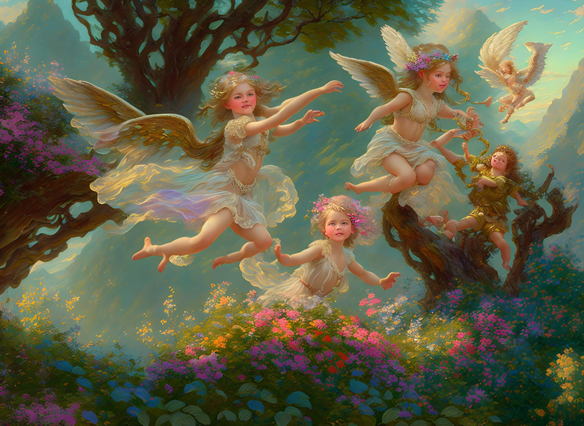 Four whimsical fairies frolic in sunlit glade among flowering trees