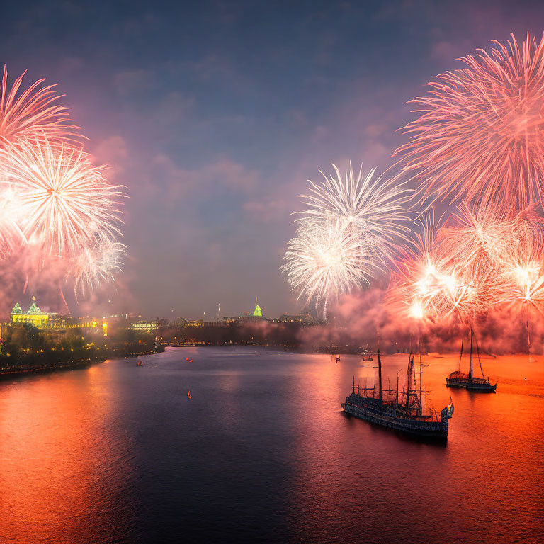 Colorful fireworks illuminate city landmarks and a river boat at dusk